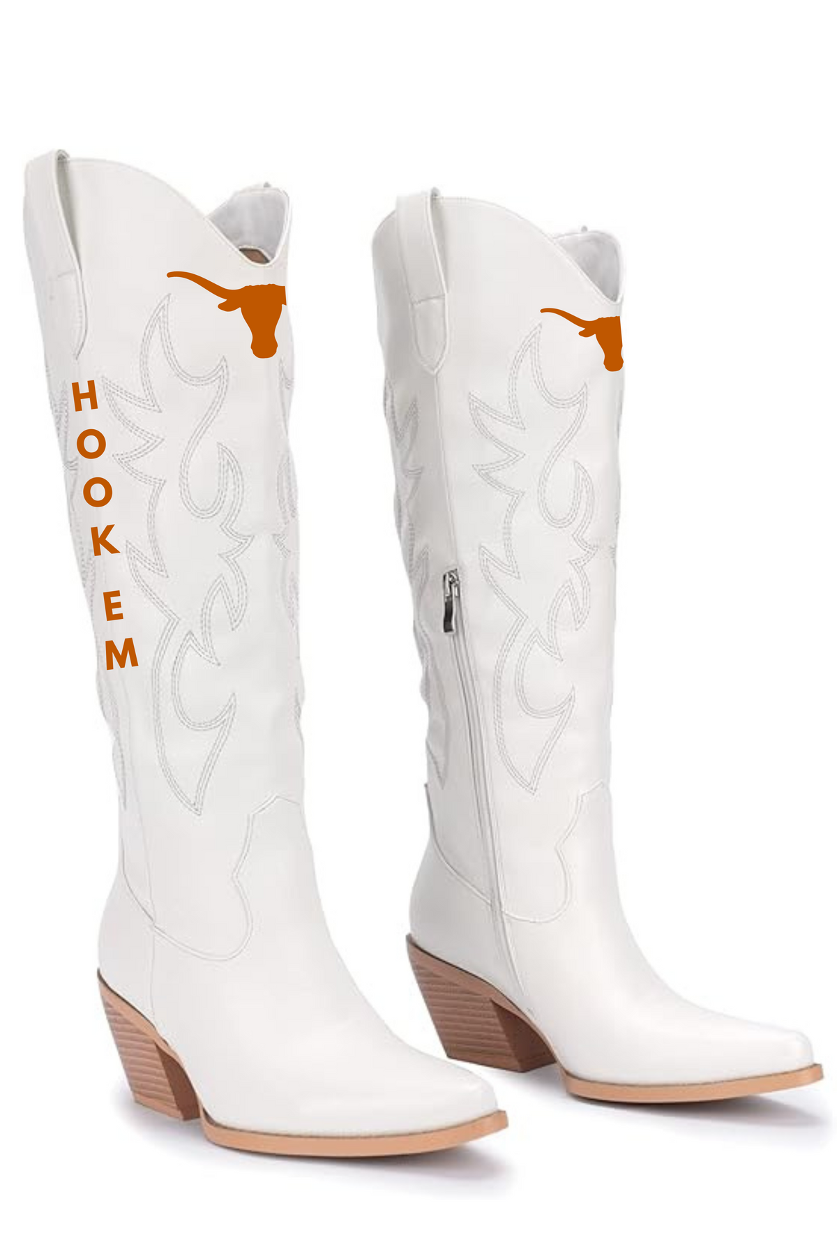 A pair of white leather cowboy boots featuring the Texas Longhorns logo and 'HOOKEM' text on the shaft, shown against a plain white background.