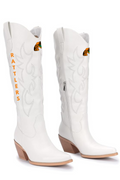 A pair of white faux leather cowboy boots featuring RATTLERS on the side, a side zipper, a tan block heel, and FAMU 'Rattlers' on the shaft. HBCU Homecoming outfit