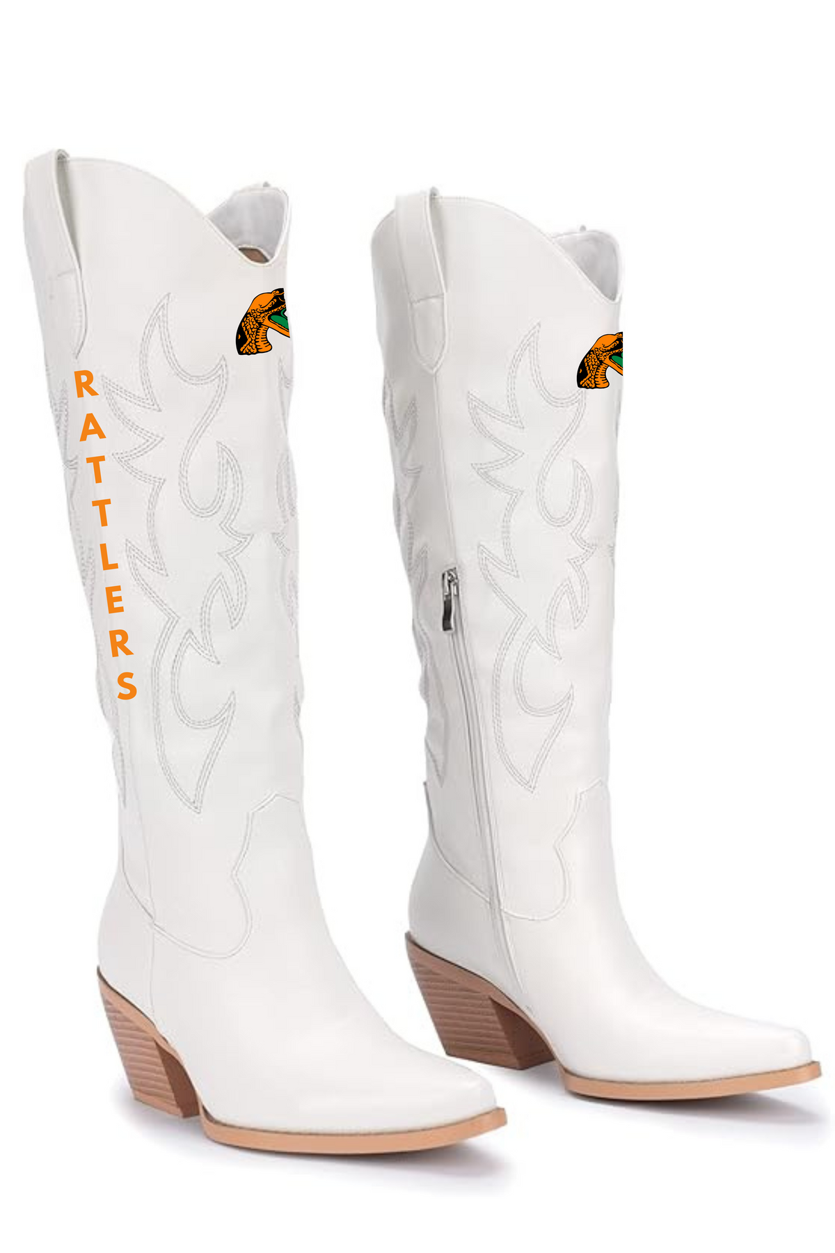A pair of white faux leather cowboy boots featuring RATTLERS on the side, a side zipper, a tan block heel, and FAMU 'Rattlers' on the shaft. HBCU Homecoming outfit