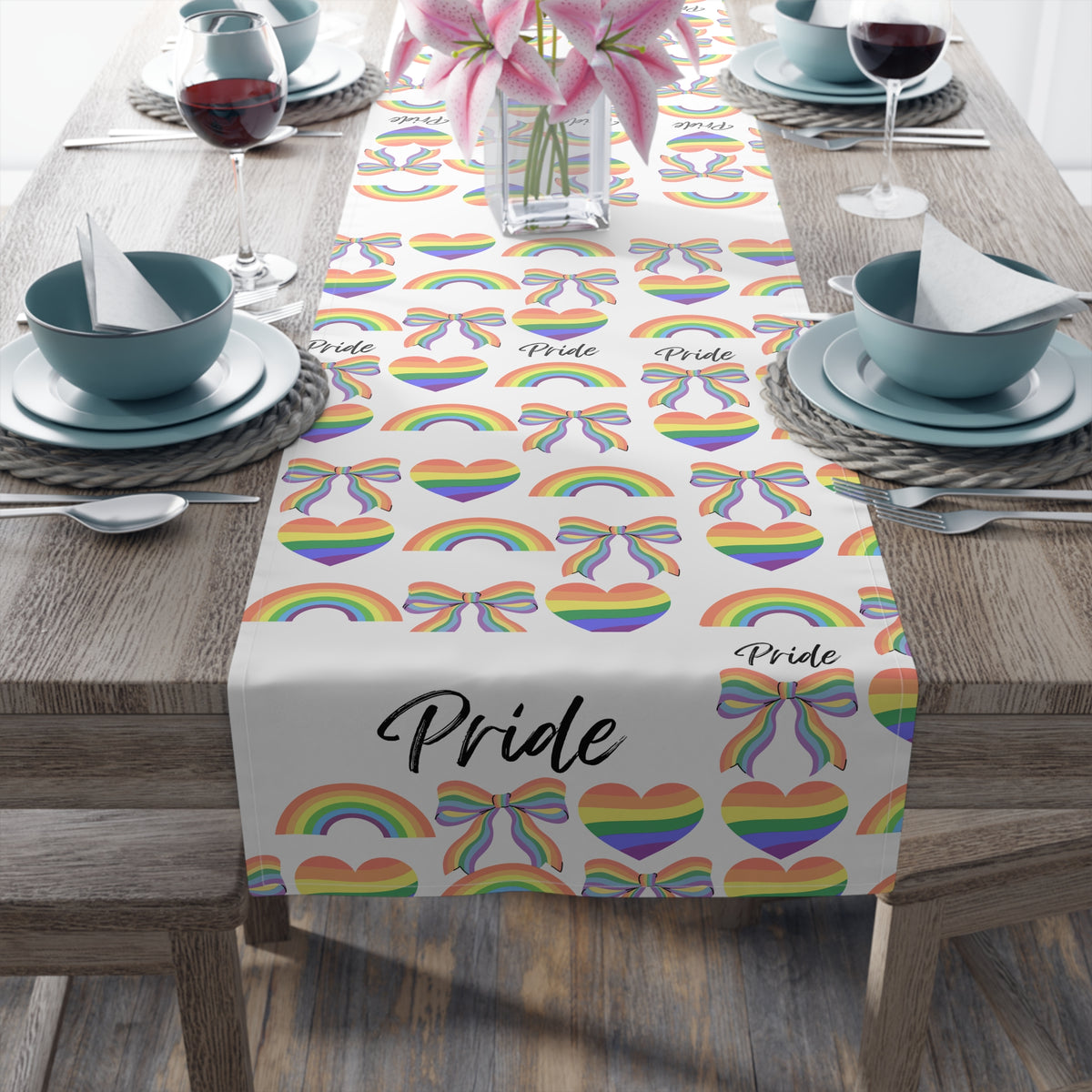 Rainbow Hearts Table Runner | Gay Pride Pattern | Parade | Pride Month | Kitchen Decor | Table Cloth | Housewarming Gift | Party Supplies