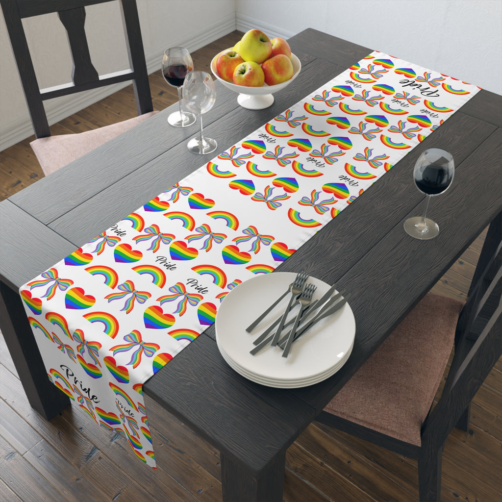 Rainbow Hearts Table Runner | Gay Pride Pattern | Parade | Pride Month | Kitchen Decor | Table Cloth | Housewarming Gift | Party Supplies
