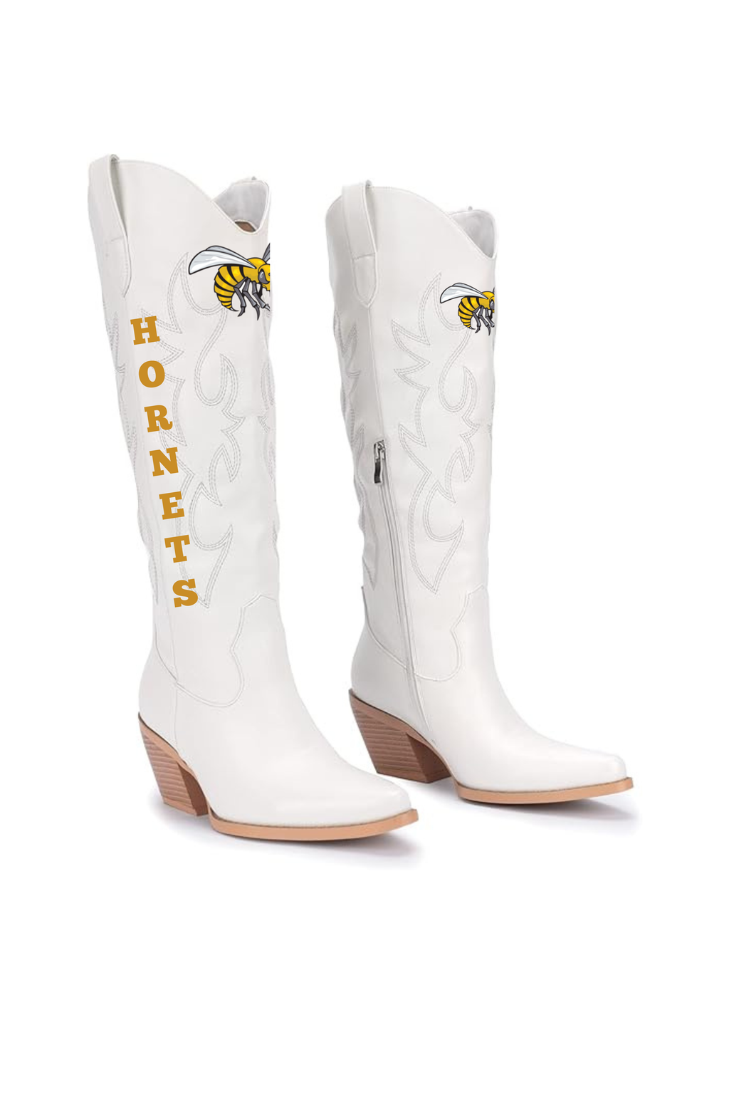 A pair of white Alabama State cowboy boots featuring a yellow and black hornet graphic and the word 'HORNETS' in yellow on the shaft, shown against a plain white background.