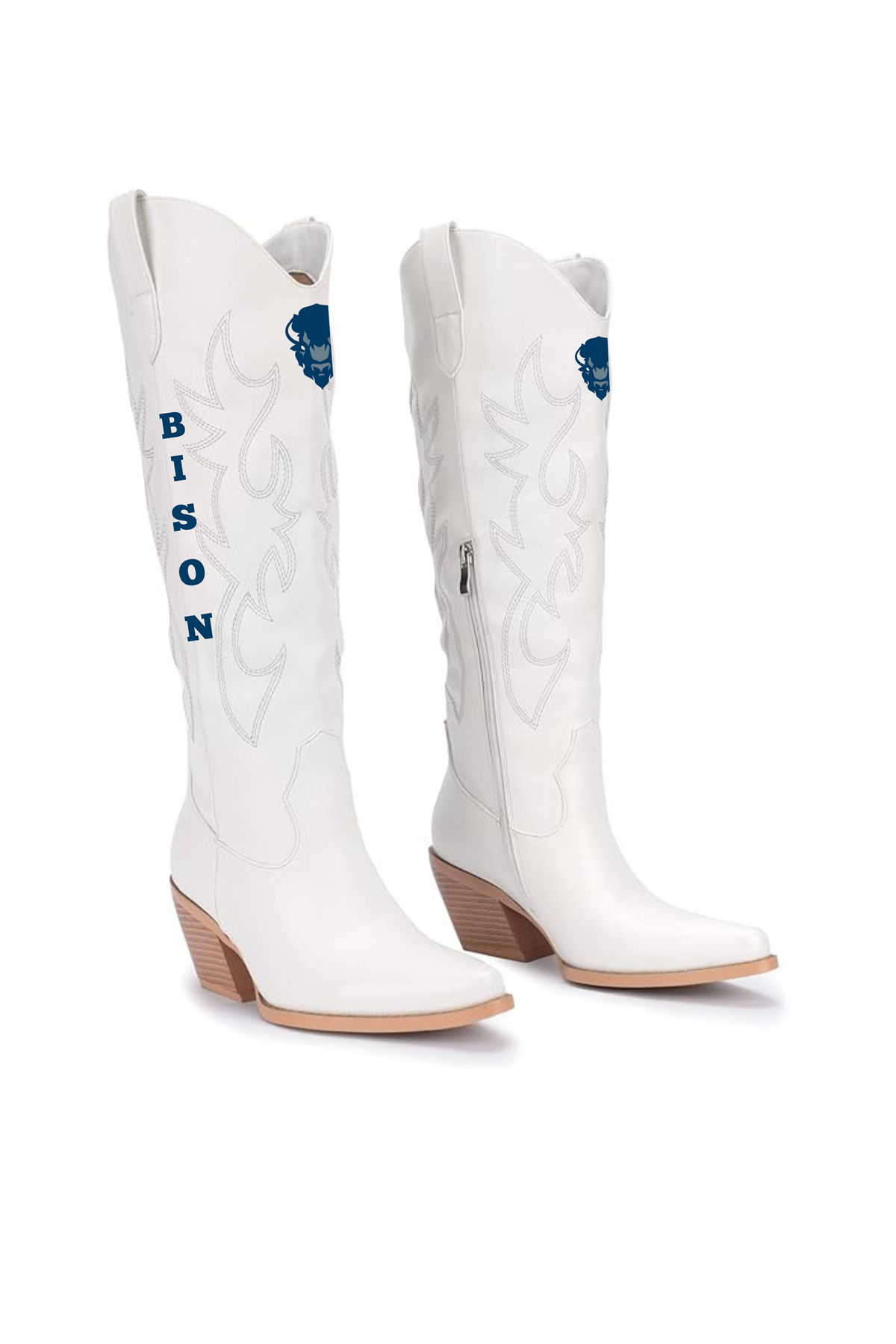 A pair of white faux leather cowboy boots featuring blue embroidered details, including a buffalo head logo and the word 'BISON' on the shaft, set against a plain white background.