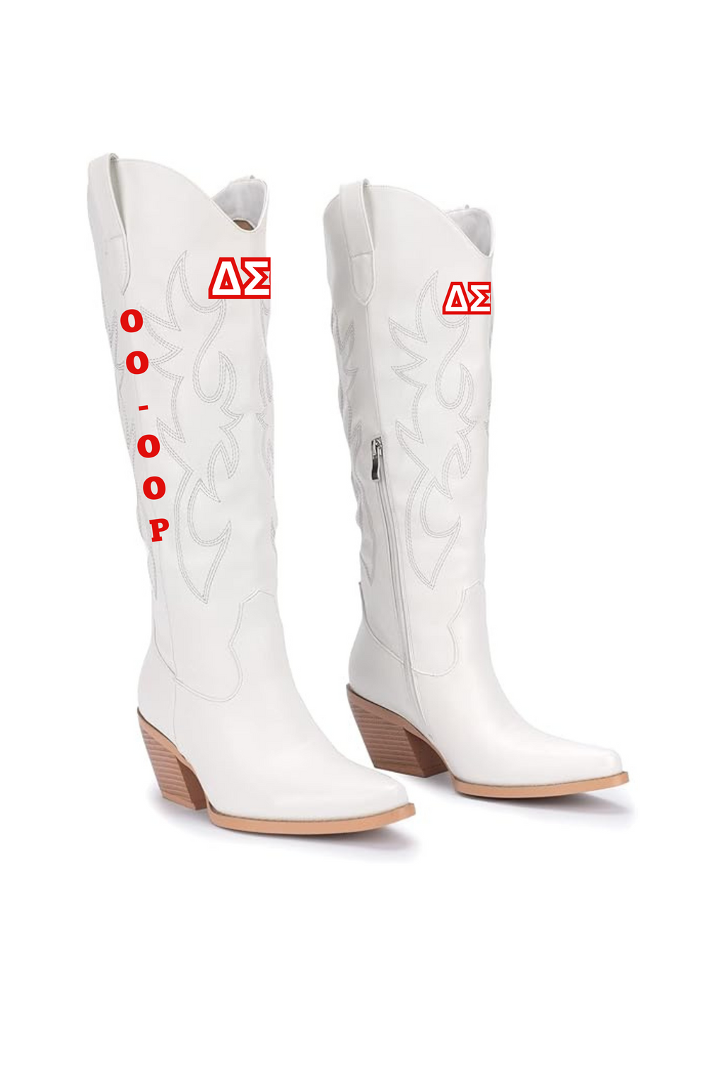 Delta Sigma Theta white faux-leather cowboy boots with brown stacked heels, featuring western-style stitching, a red Delta Sigma logo on the shaft, and red 'OO-OOP' lettering on the side. HBCU Homecoming