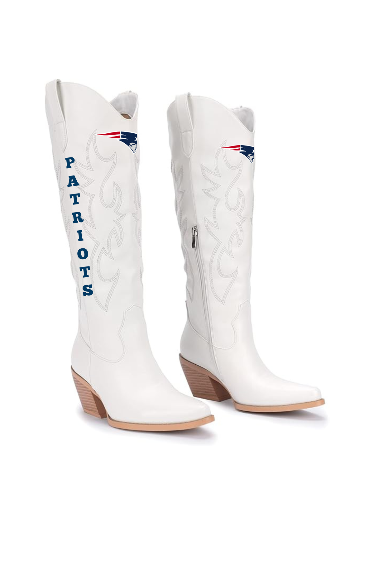 A pair of white western cowboy boots featuring the New England Patriots logo and 'PATRIOTS' text on the shaft, set against a plain white background.