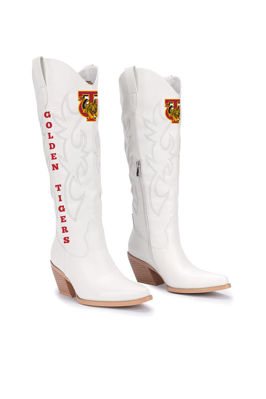 A pair of white western cowboy boots featuring 'GOLDEN TIGERS' text and a Tuskegee logo on the shaft, set against a plain white background.