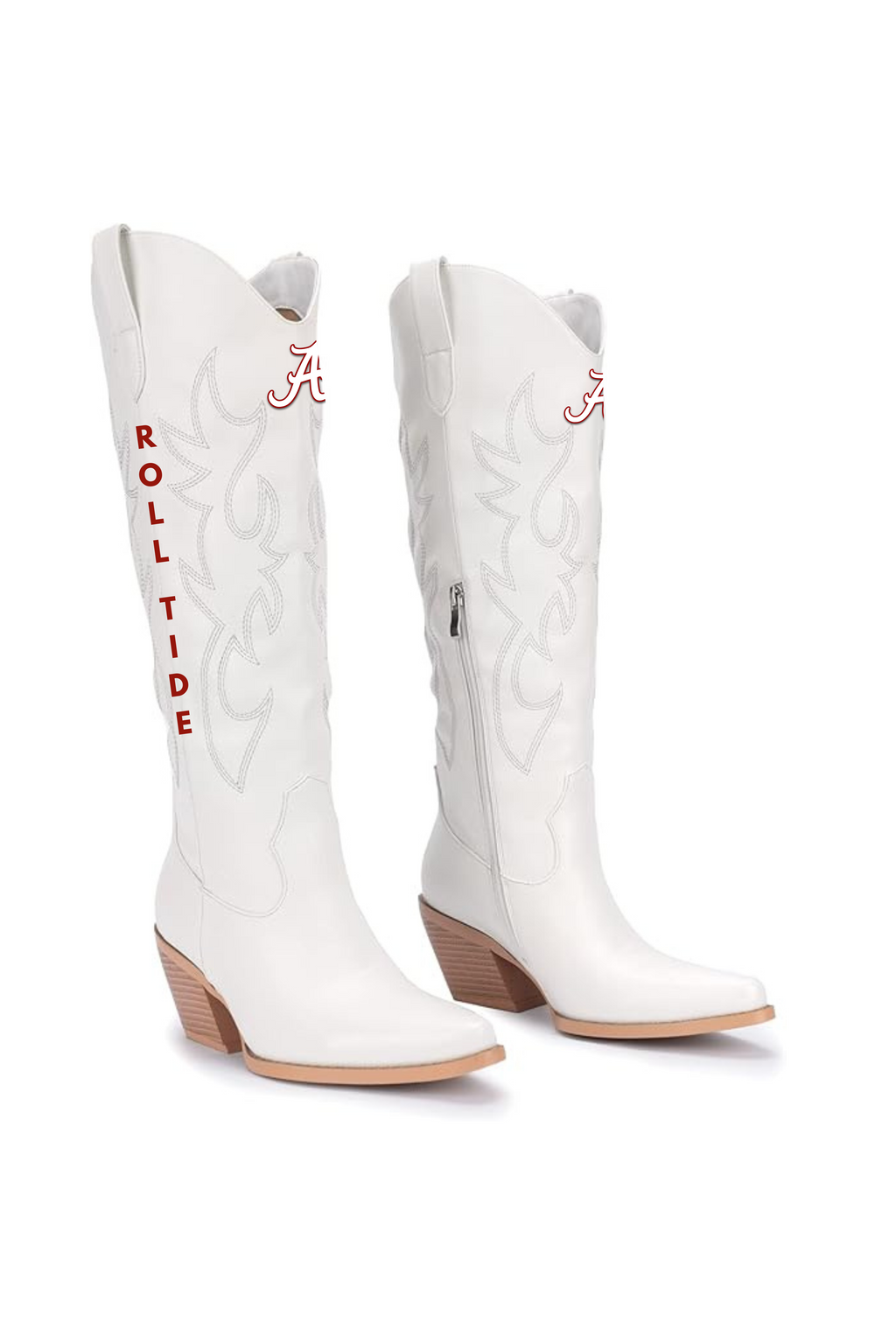A pair of white faux leather western boots featuring red and white Alabama Roll Tide on the side, including the word 'ROLL TIDE' and the 'A' logo, set against a plain white background. Alabamafootball